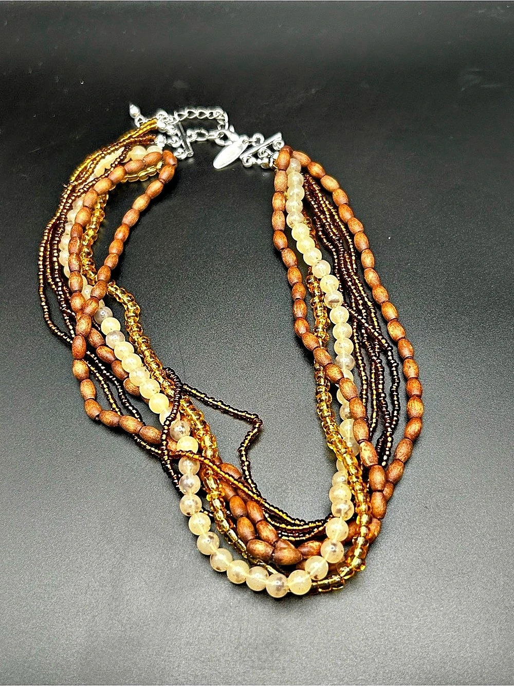 Multi-Strand Beaded Necklace in Brown & Gold